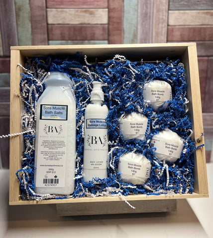 Sore Muscle Kit includes: 1 - 900g Sore Muscle Bath Salts, 1 - 250ml Sore Muscle Lotion, 4 - Sore Muscle Bath Bombs, all in a hand made Wood Crate. 65.35