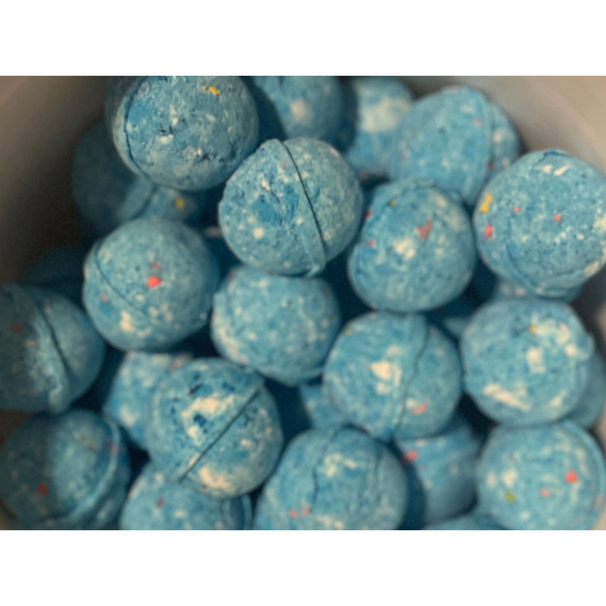 Unicorn Poop Bath Bombs, Blue speckled balls in a container