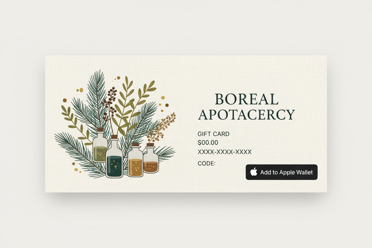 digital gift card, apple wallet gift bard, boreal apothecary