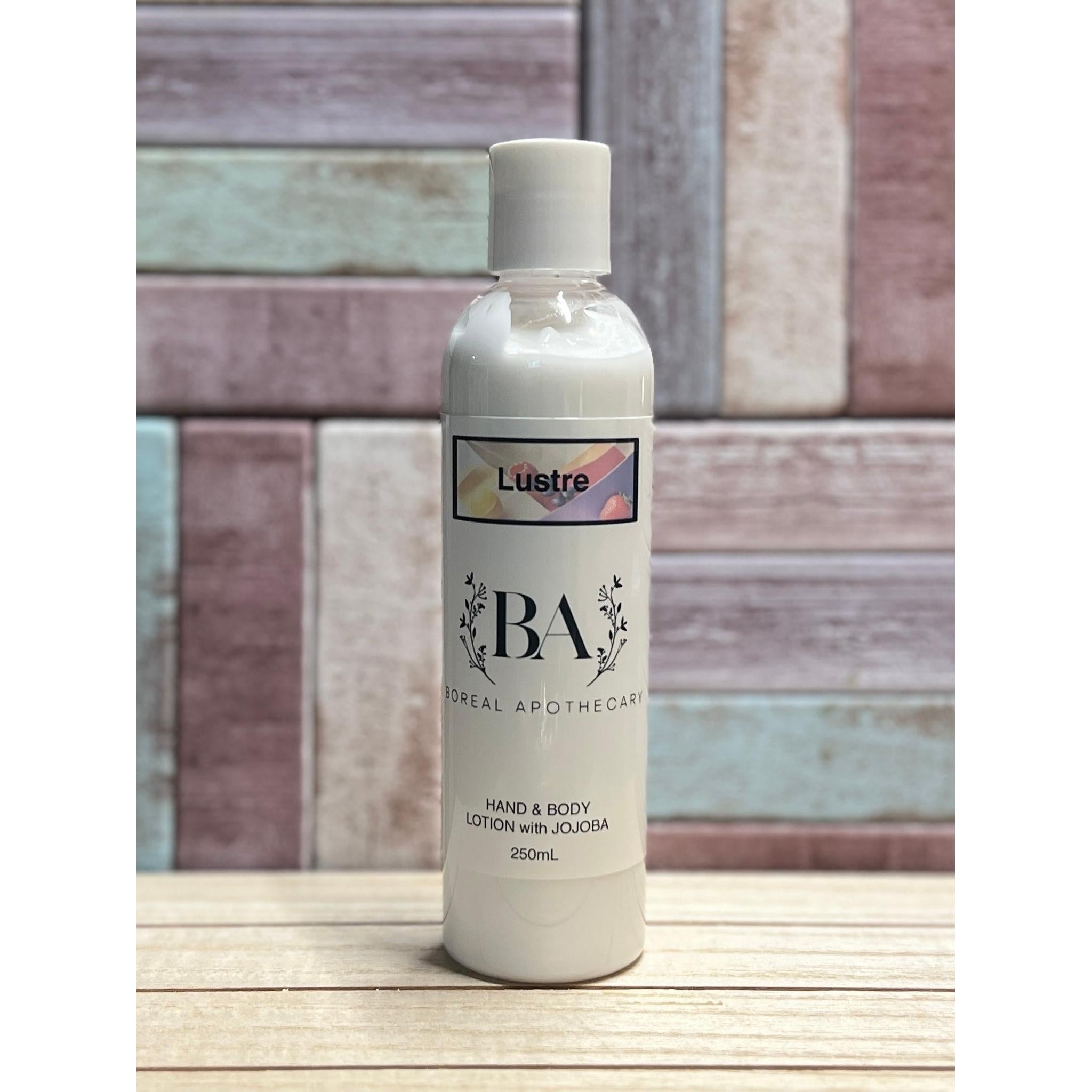 Lustre BA Lotion bottle on a wooden surface with a wooden background