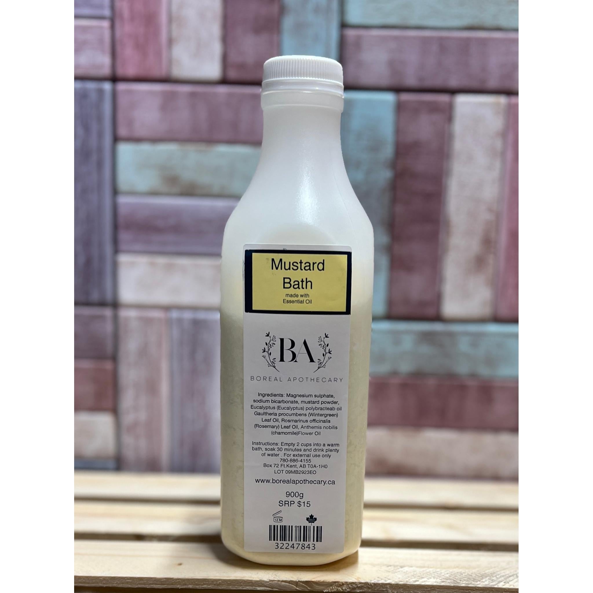 Bottle of Mustard Bath on a wooden surface with a tiled wall background