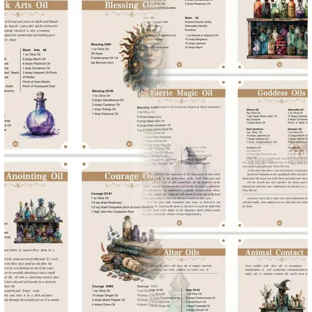 Collection of oil labels with various oils and their uses on a beige background