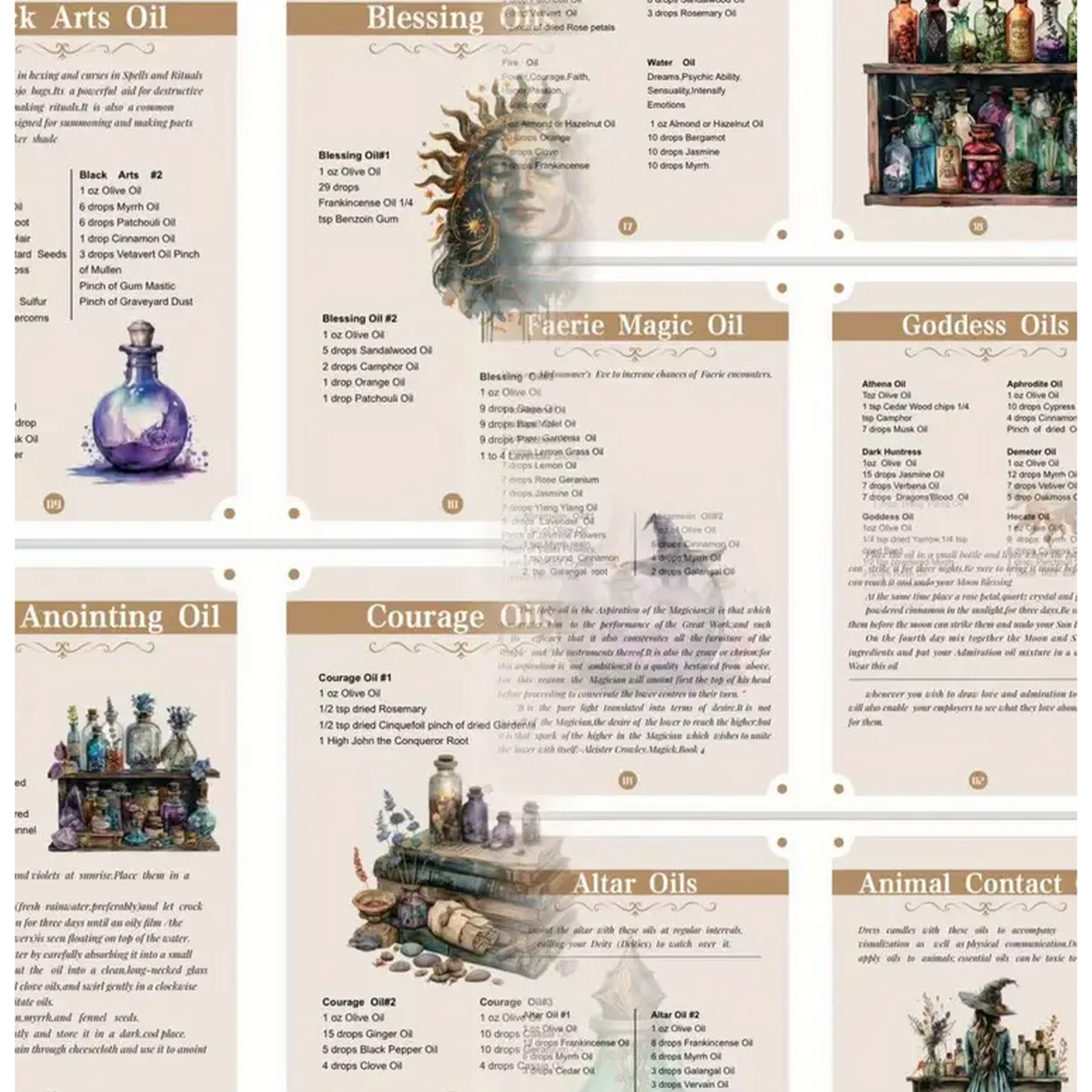 Collection of oil labels with various oils and their uses on a beige background